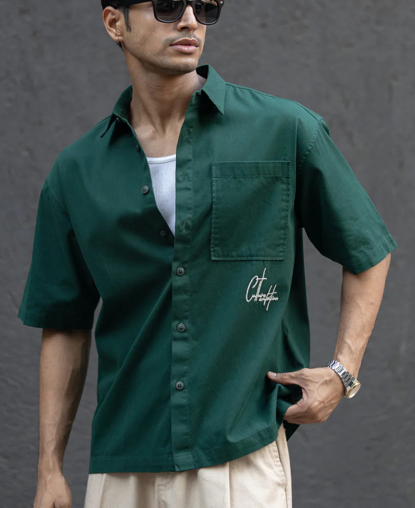 Dark Teal Embroidered Structured Shirt