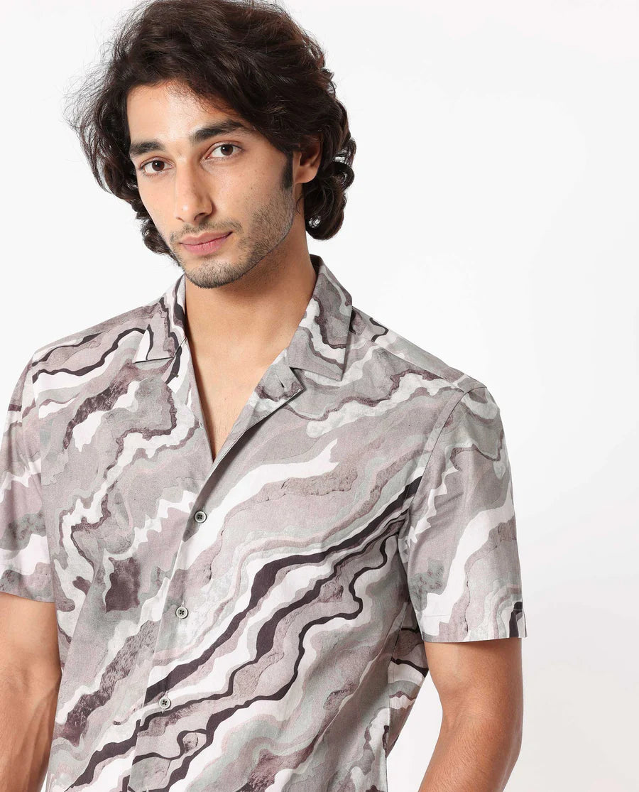 CLAYY - BEIGE REGULAR FIT ABSTRACT PRINT SHIRT
