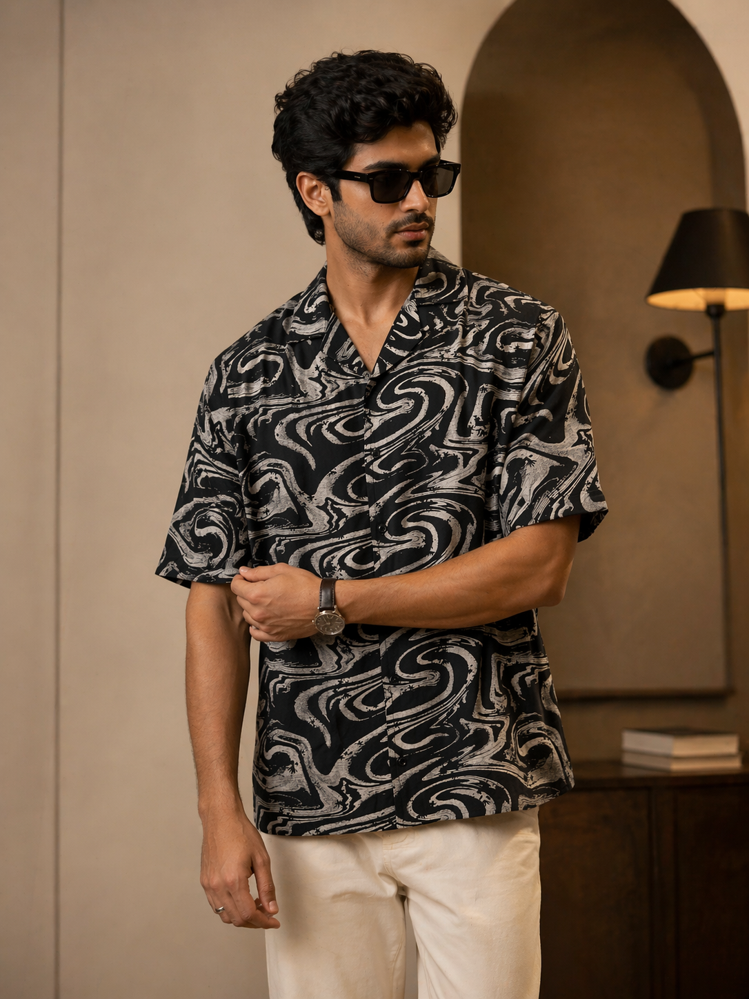 Abstract Drift Camp Collar Shirt – Black & Stone