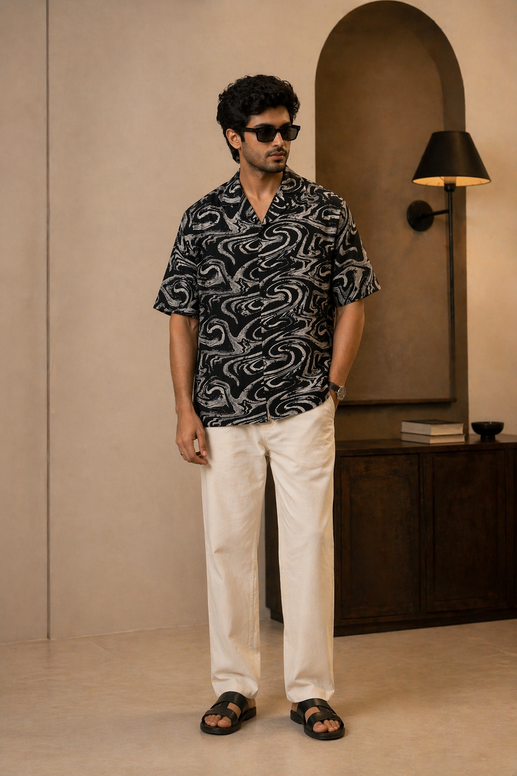 Abstract Drift Camp Collar Shirt – Black & Stone