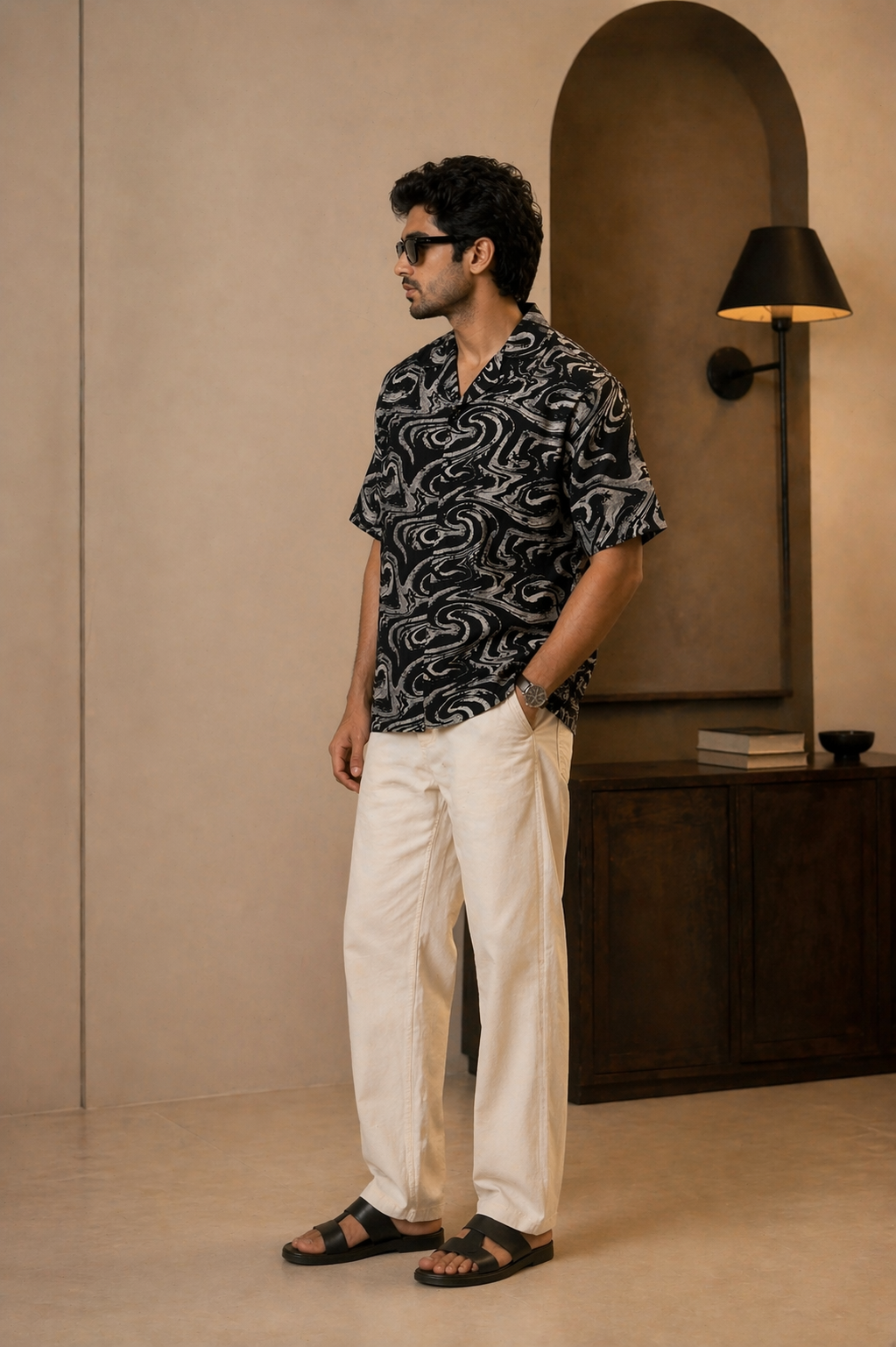 Abstract Drift Camp Collar Shirt – Black & Stone