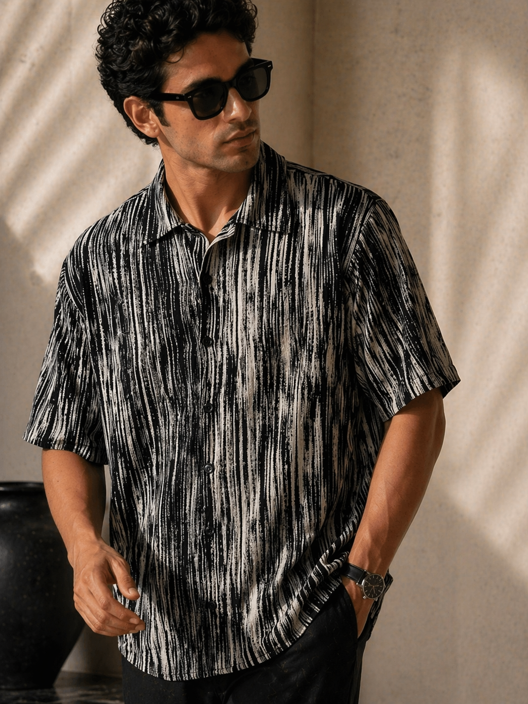 Abstract Drift Boxy Shirt – Black & Stone