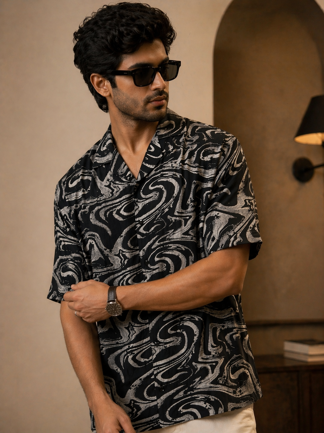 Abstract Drift Camp Collar Shirt – Black & Stone