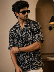 Abstract Drift Camp Collar Shirt – Black & Stone